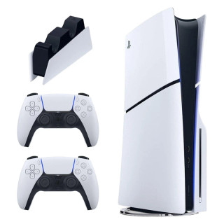 کنسول بازی سونی مدل PlayStation 5 Slim نسخه دیسکخور، ریجن اروپا سری 2016A با ظرفیت حافظه داخلی 1 ترابایت به همراه یک عدد کنترلر اضافه به رنگ White و پایه شارژر کنترلر، حداکثر وضوح تصویر خروجی 4K